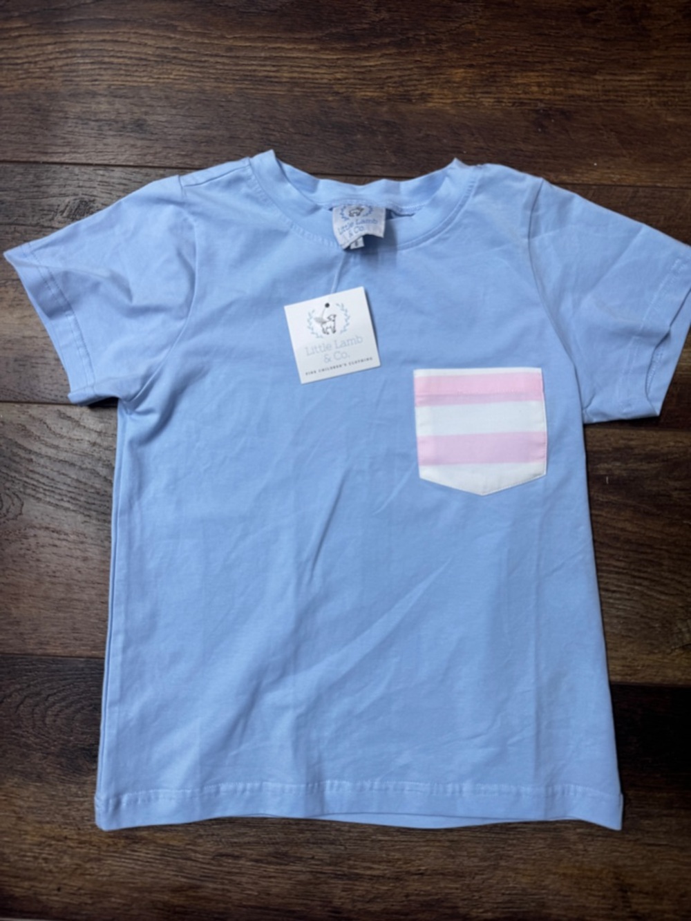 Little Lamb & Co Kids' Light Blue Tee with Pink Stripe Pocket.